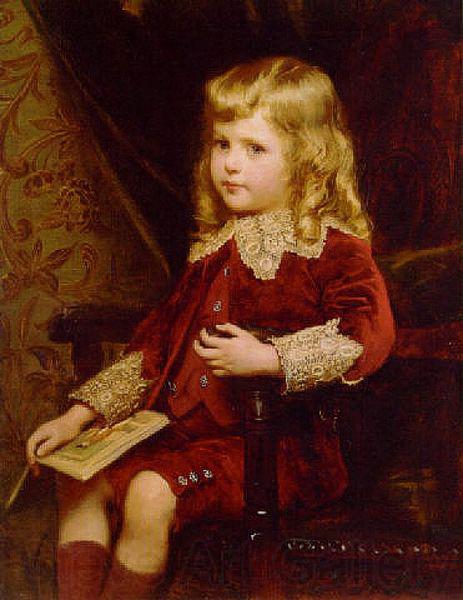 Alfred Edward Emslie Portrait of a young boy in a red velvet suit Norge oil painting art